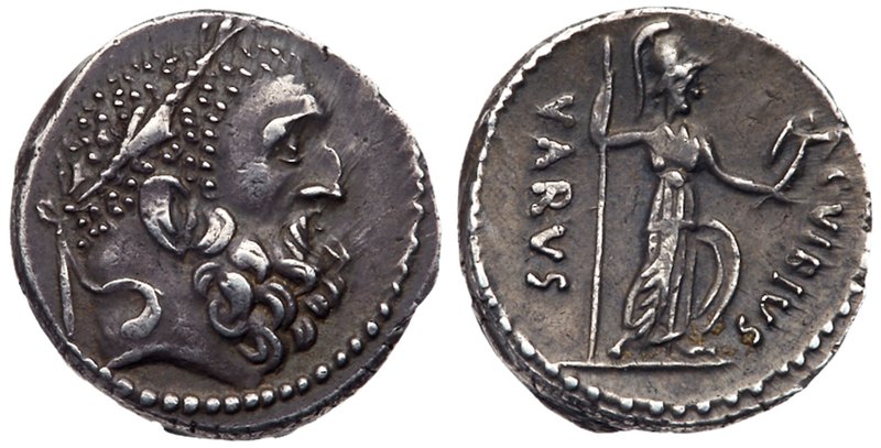 C. Vibius Varus. Silver Denarius (3.86 g), 42 BC. Rome. Laureate and bearded hea...