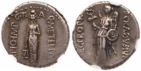 Q. Caecilius Metellus Pius Scipio. Silver Denarius (3.94 g), 47-46 BC. Utica. P. Licinius Crassus Junianus, legatus pro praetore. Q METEL PIVS SCIPIO ...