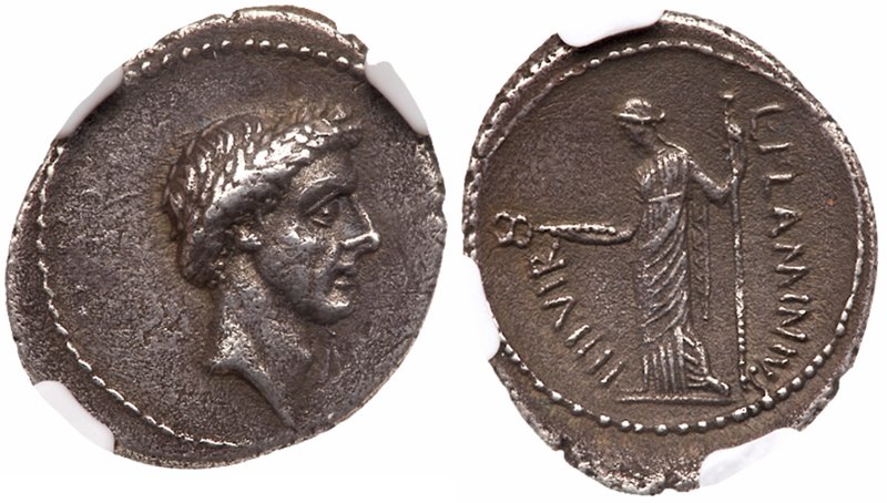 Julius Caesar. Silver Denarius (3.65 g), 43 BC. Rome. L. Flaminius Chilo, moneye...