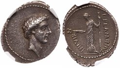 Julius Caesar. Silver Denarius (3.65 g), 43 BC. Rome. L. Flaminius Chilo, moneyer. Laureate head of Julius Caesar right. Reverse: Pax standing facing,...