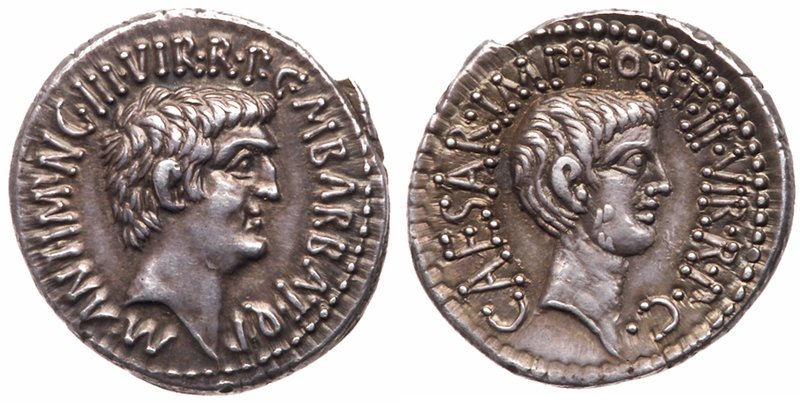 Mark Antony & Octavian. Silver Denarius (3.78 g), 41 BC. Ephesus. M. Barbatius P...
