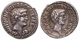 Mark Antony & Octavian. Silver Denarius (3.78 g), 41 BC. Ephesus. M. Barbatius Pollio, quaestor pro praetore. M ANT I(MP) (AV)G III VIR R P C M BARBAT...