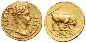 Augustus. Gold Aureus (7.92 g) 27 BC - 14 AD. Mint of Lugdunum (Lyons), struck 15-12 BC. AVGVSTVS DIVI F, Bare head of Augustus right. Reverse: Bull b...