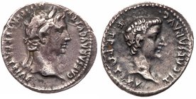 Augustus, with Tiberius, Caesar. Silver Denarius (3.70 g), 27 BC-AD 14. Lugdunum, AD 13/4. CAESAR AVGVSTVS DIVI F PATER PATRIAE, laureate head of Augu...