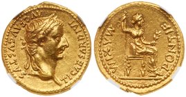 Tiberius. Gold Aureus (7.82 g) AD 14-37. Mint of Lugudnum. TI CAESAR DIVI AVG F AVGVSTVS, laureate head facing right. Reverse: PONTIF MAXIM, Female fi...