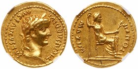 Tiberius. Gold Aureus (7.74 g), AD 14-37. 'Tribute Penny' type. Lugdunum, AD 15-18. TI CAESAR DIVI AVG F AVGVSTVS, laureate head of Tiberius right. Re...