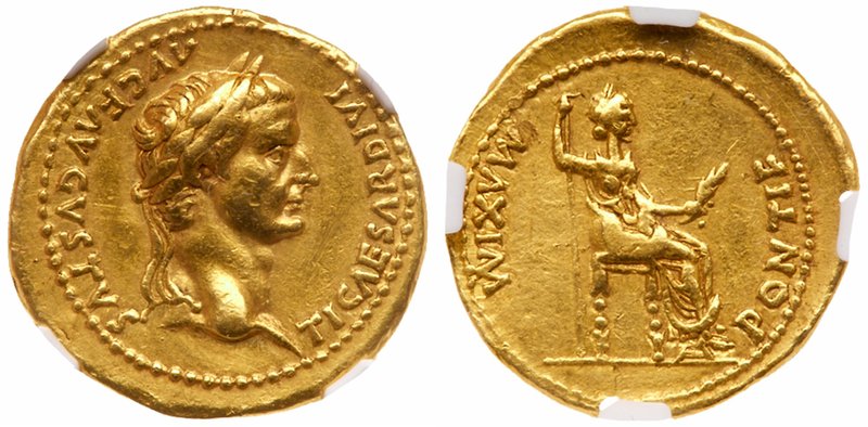 Tiberius. Gold Aureus (7.78 g), AD 14-37. 'Tribute Penny' type. Lugdunum, AD 18-...