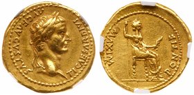 Tiberius. Gold Aureus (7.78 g), AD 14-37. 'Tribute Penny' type. Lugdunum, AD 18-35. TI CAESAR DIVI AVG F AVGVSTVS, laureate head of Tiberius right. Re...
