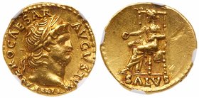Nero. Gold Aureus (7.27 g), AD 54-68. Rome, ca. AD 66/7. IMP NERO CAESAR AVGVSTVS, laureate head of Nero right. Reverse: SALVS in exergue, Salus seate...