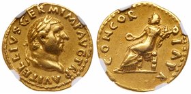 Vitellius. Gold Aureus (7.29 g), AD 69. Rome. A VITELLIVS GERM IMP AVG TR P, laureate head of Vitellius right. Reverse: CONCOR-DIA PR, Concordia seate...