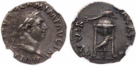 Vitellius. Silver Denarius (3.29 g), AD 69. Rome. A VITELLIVS GERM IMP AVG TR P, laureate head of Vitellius right. Reverse: XV VIR SACR FAC, tripod wi...