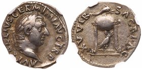 Vitellius. Silver Denarius (3.32 g), AD 69. Rome. A VITELLIVS GERM IMP TR P, laureate head of Vitellius right. Reverse: XV VIR SACR FAC, tripod with c...