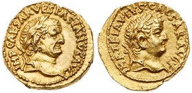 Vespasian, with Titus, as Caesar. Gold Aureus (7.69 g), AD 69-79. Minted in Alexandria, Egypt after the fall of Jerusalem, AD 70. IMP CAESAR VESPASIAN...
