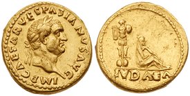 Vespasian. Gold Aureus (7.05 g), AD 69-79. 'Judaea Capta' type. Lugdunum mint, AD 69/70. - The exceptional portrait and reverse details, point to Lugd...
