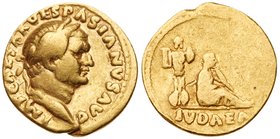 Vespasian. Gold Aureus (6.96 g), AD 69-79. Judaea Capta issue. Rome, AD 69/70. IMP CAESAR VESPASIANVS AVG, laureate head of Vespasian right. Reverse: ...