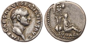 Vespasian. Silver Denarius, AD 69-79. Judaea Capta type. Rome, AD 69/70. IMP CAESAR VESPASIANVS AVG, laureate head of Vespasian right. Reverse: IVDAEA...