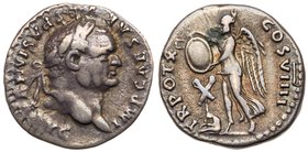 Vespasian. Silver Denarius, AD 69-79. Judaea Capta type. Rome, AD 79. IMP CAESAR VESPASIANVS AVG, laureate head of Vespasian right. Reverse: TR POT X ...