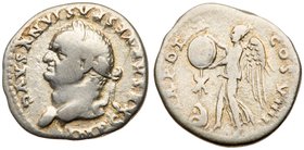 Vespasian. Silver Denarius (3.12 g), AD 69-79. Judaea Capta type. Rome, AD 79. IMP CAESAR VESPASIANVS AVG, laureate head of Vespasian left. Reverse: T...
