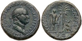 Vespasian. &AElig; Sestertius (25.45 g), AD 69-79. Judaea Capta type. Rome, AD 71. IMP CAES VESPASIAN AVG P M TR P P P COS II[I], laureate head of Ves...
