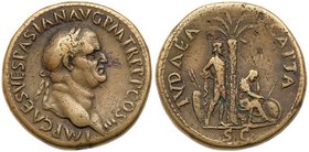 Vespasian. &AElig; Sestertius (25.7 g), AD 69-79. Judaea Capta type. Rome, AD 71. IMP CAES VESPASIAN AVG P M TR P P P COS III, laureate head of Vespas...