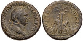 Vespasian. &AElig; Sestertius (25.72 g), AD 69-79. Judaea Capta type. Rome, AD 71. IMP CAES VESPASIAN AVG P M TR P P P COS III, laureate head of Vespa...