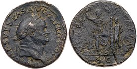 Vespasian. &AElig; Sestertius (27.01 g), AD 69-79. Judaea Capta type. Rome, AD 71. IMP CAES VESPAS AVG P M TR P P P COS III, laureate head of Vespasia...
