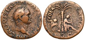 Vespasian. &AElig; As (9.40 g), AD 69-79. Judaea Capta type. Rome, AD 71. IMP CAES VESPASIAN AVG COS III, laureate head of Vespasian right. Reverse: I...