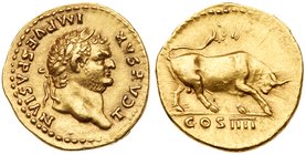 Titus. Gold Aureus (7.36 g), as Caesar, AD 69-79. Rome, under Vespasian, AD 75. T CAESAR IMP VESPASIAN, laureate head of Titus right. Reverse: COS III...