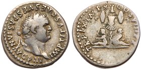Titus. Silver Denarius (3.22 g), AD 79-81. Judaea Capta type. Rome, AD 80. IMP TITVS CAES VESPASIAN AVG P M, laureate head of Titus right. Reverse: TR...