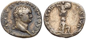 Titus. Silver Denarius (3.27 g), AD 79-81. Judaea Capta type. Rome, AD 79. IMP TITVS CAES VESPASIAN AVG P M, laureate head of Titus right. Reverse: TR...