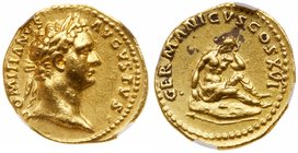 Domitian. Gold Aureus (6.97 g), AD 81-96. Rome, AD 92-94. DOMITIANVS AVGVSTVS, laureate head of Domitian right. Reverse: GERMANICVS COS XVI, Germania ...