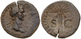 Nerva. &AElig; Sestertius (25.40 g), AD 96-98. Rome, AD 97. IMP NERVA CAES AVG P M T[R P COS III] P P, laureate head of Nerva right. Reverse: FISCI IV...