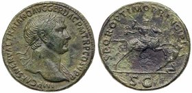 Trajan. &AElig; Sestertius (25.57 g), AD 98-117. Rome. IMP CAES NERVAE TRAIANO AVG GER DAC PM TR P COS V P P, laureate bust of Trajan right, slight dr...