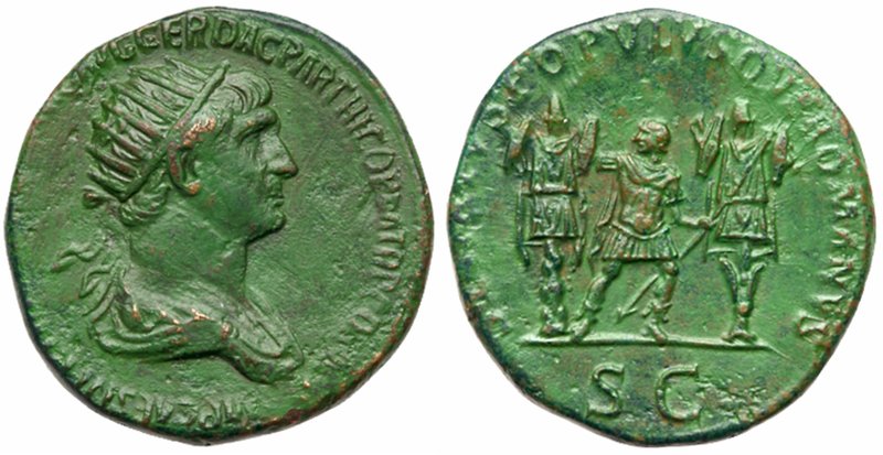 Trajan. &AElig; Dupondius (13.38 g), AD 98-117. Rome, AD 116/7. IMP CAES NER TR[...