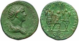 Trajan. &AElig; Dupondius (13.38 g), AD 98-117. Rome, AD 116/7. IMP CAES NER TR[AIANO OPTIMO AV]G GER DAC P M TR P COS [VI P P], radiate and draped bu...