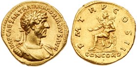 Hadrian. Gold Aureus (7.13 g), AD 117-138. Mint of Rome, struck AD 118. IMP CAESAR TRAIA-N HADRIANVS AVG, laureate, draped and cuirassed bust of Hadri...