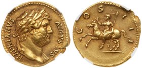 Hadrian. Gold Aureus (7.40 g) AD 117-138. Mint of Rome struck AD 124-8. HADRIANVS AVGVSTVS, laureate bust facing right, with slight drapery on left sh...