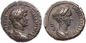 Hadrian, with Sabina. BI Tetradrachm (13.32 g), AD 117-138. Struck in Alexandria, Egypt, RY 13 (AD 128/9). Laureate, draped, and cuirassed bust of Had...
