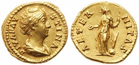 Diva Faustina I. Gold Aureus (7.15 g), died AD 140/1. Rome, under Antoninus Pius, after ca. AD 146. DIVA FAVSTINA, diademed and draped bust of Faustin...