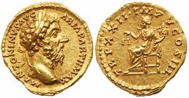 Marcus Aurelius. Gold Aureus (7.27 g), AD 161-180. Rome, AD 168. M ANTONINVS AVG ARM PARTH MAX, laureate head of Marcus Aurelius right. Reverse: TR P ...