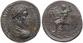 Marcus Aurelius. &AElig; 34 (23.34 g), AD 161-180. Pergamum in Mysia. Ti. Claudius Aristeon, magistrate. [A]V KAI M AVPH&Lambda;I ANT&Omega;NEINO? Lau...