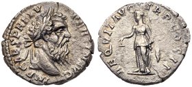 Pertinax. Silver Denarius (2.96 g), AD 193. Rome. IMP CAES P HELV PERTIN AVG, laureate head of Pertinax right. Reverse: AEQVIT AVG TR P COS II, Aequit...