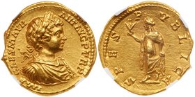 Caracalla. Gold Aureus (7.27 g). Mint of Rome, struck AD 198. IMP CAES M AVR ANT AVG P TR P, laureate, draped and cuirassed bust facing right, wearing...