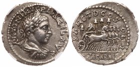Elagabalus. Silver Denarius (3.23 g), AD 218-222. Antioch, AD 218/9. ANTONINVS PIVS FEL AVG, laureate, draped and cuirassed bust of Elagabalus right. ...