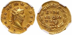Gallienus, Gold Aureus (4.32 g.) AD 253-268. Mint of Rome, AD 262. GALLIENVS P F AVG, radiate head of Gallienus right. Reverse: FIDE/I EQI/TVM in thre...