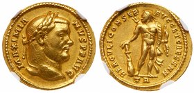 Maximianus. Gold Aureus (5.35 g), first reign, AD 286-305. Treveri, AD 303. MAXIMIA-NVS P F AVG, laureate head of Maximianus right. Reverse: HERCVLI C...