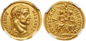 Galerius. Gold Aureus (5.36 g) AD 305-311. Mint of Cyzicus (?), struck as Caesar, AD 293. MAXIMIANVS NOB CAES, laureate head facing right. Reverse: CO...