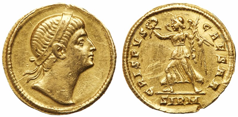 Crispus. Gold Solidus (4.37 g), Caesar, AD 317-326. Sirmium, AD 325/6. Diademed ...