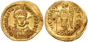 Anastatius I (A.D. 491 - 518), Gold Solidus (4.47g). Mint of Constantinople. Officina &Delta;, helmeted and cuirassed bust three-quarters facing, hold...