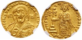 Justinian II. Gold Solidus (4.39 g), first reign, 685-695. Constantinople, AD 692-695. IhS CRISTЧS REX REGNANTIЧM, bust of Christ facing, raising hand...